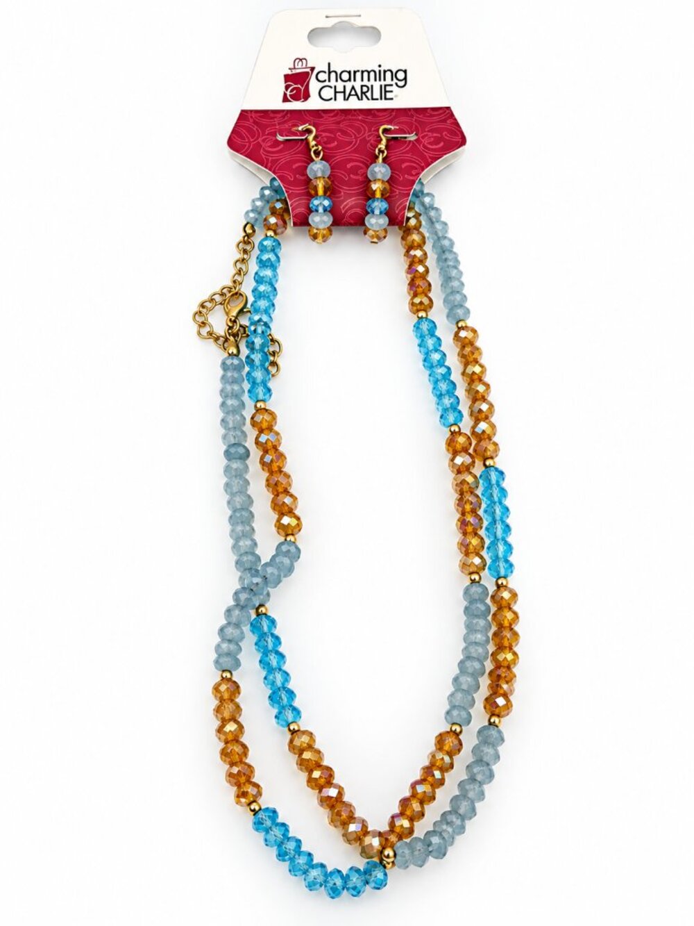 Charming Charlie NWT Long Beaded Necklace & Earrings Set Blue Gold